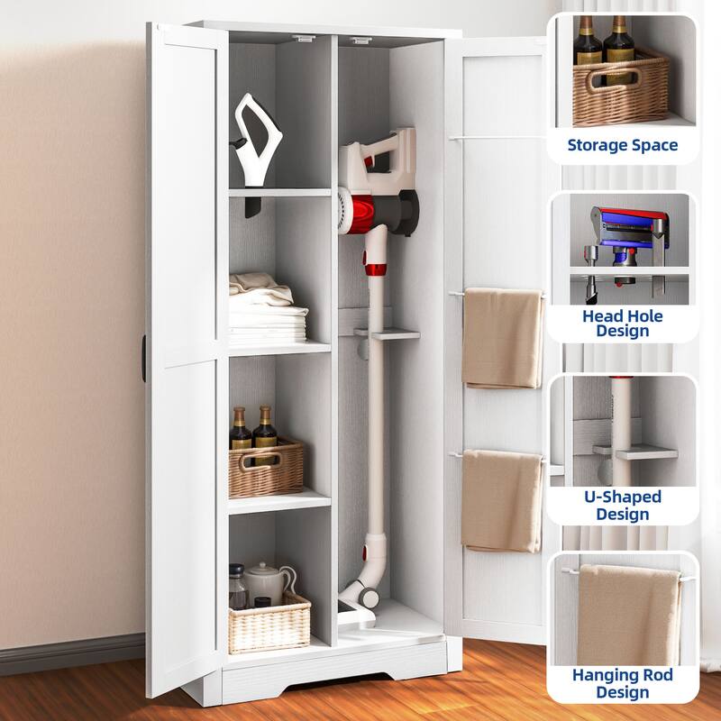 Moasis Broom Closet Storage Cabinet with Doors, Farmhouse Cleaning Tool Cabine with Shelves