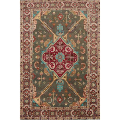 Hand Knotted Oriental 100% Wool Carpet Traditional Medallion Green Tabriz Area Rug - 6' 3'' X 4' 4''