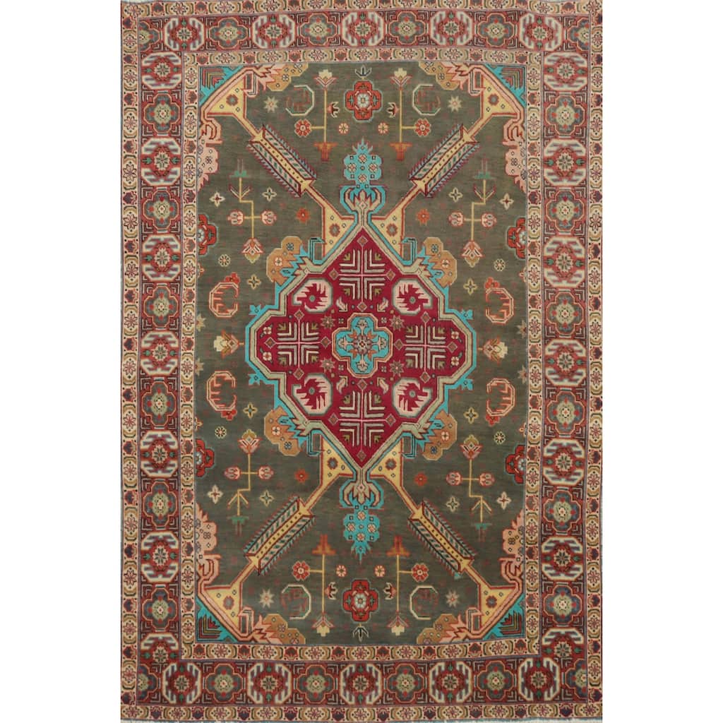 Hand Knotted Oriental 100% Wool Carpet Traditional Medallion Green Tabriz Area Rug - 6' 3'' X 4' 4''