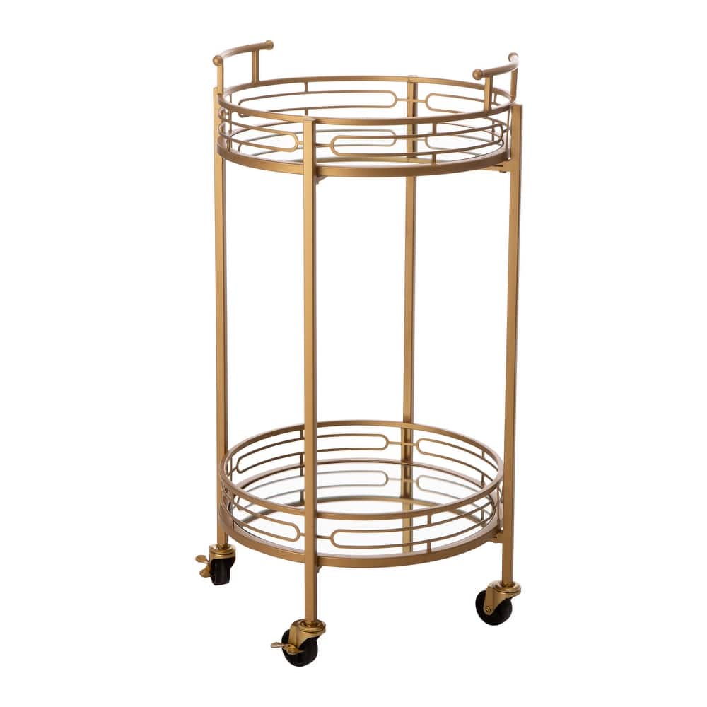 Glitzhome Metallic Gold 2-Tier Serving Bar Cart with Mirrored Glass