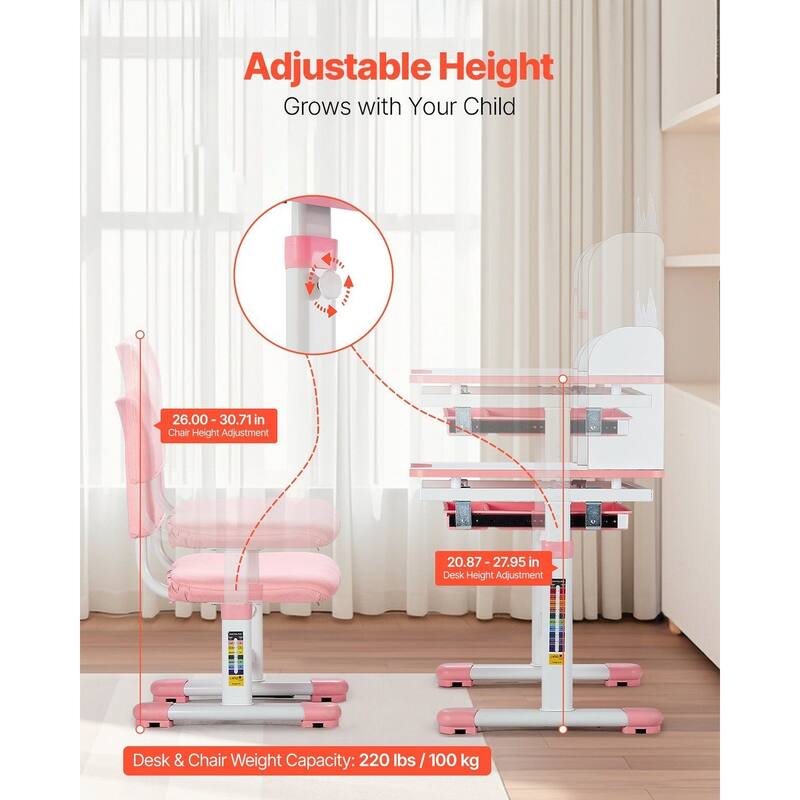 Kids Study Chair and Desk Set, Study Desk and Chair for Kids with Bookshelf and Storage Drawer, Adjustable Height Study Desk