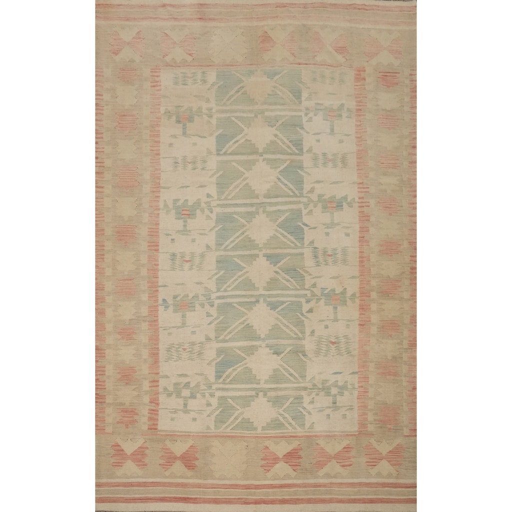Hand Woven Oriental 100% Wool Carpet Southwestern Tribal Beige & Ivories Kilim Area Rug - 9' 9'' X 6' 8''