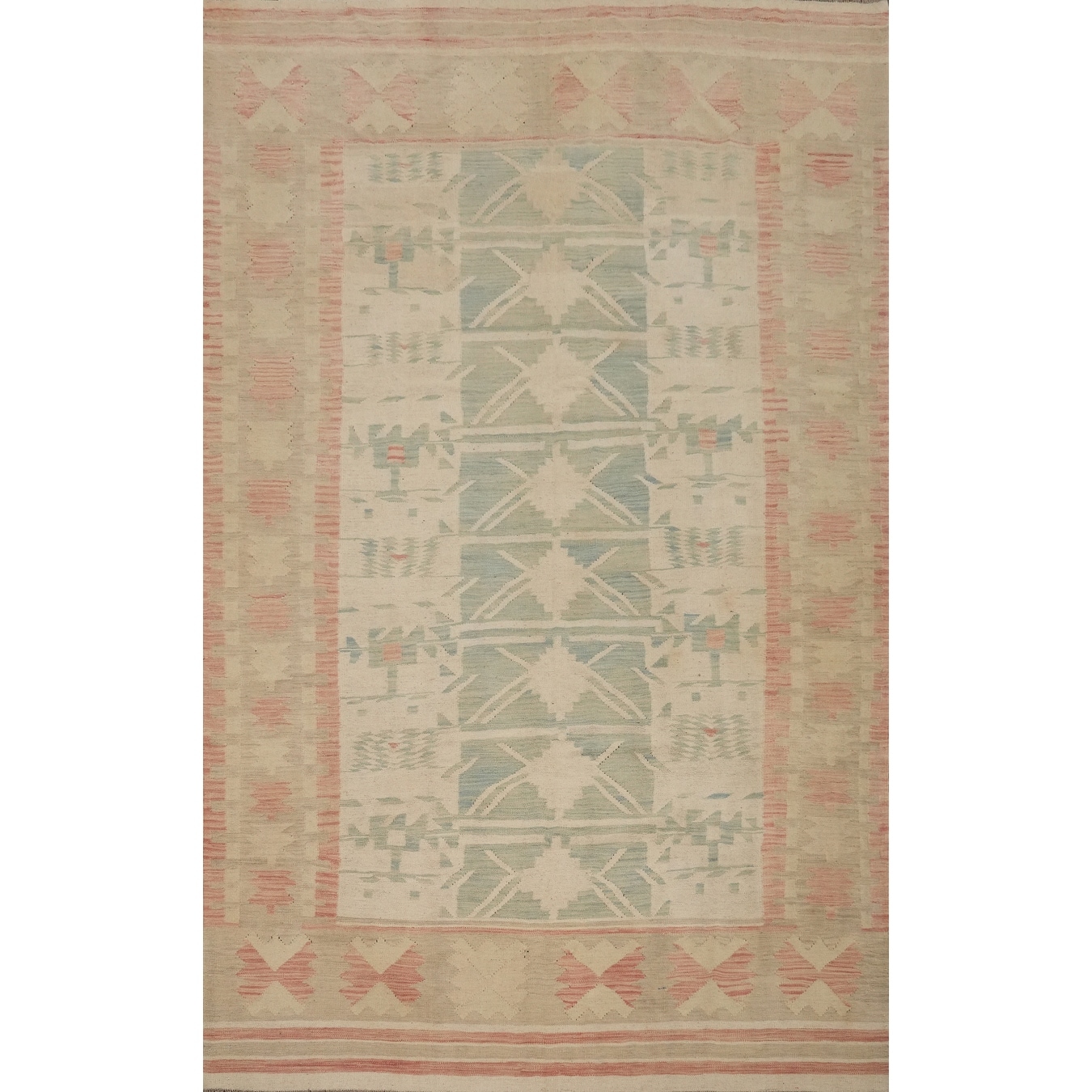 Hand Woven Oriental 100% Wool Carpet Southwestern Tribal Beige & Ivories Kilim Area Rug - 9' 9'' X 6' 8''