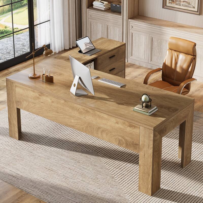 63" L Shaped Executive Office Desk with Mobile Lateral File Cabinet