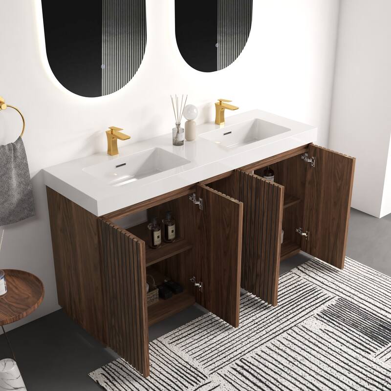 GDFStudio - Galan 60" Freestanding Bathroom Vanity with Quartz Sink, Solf Close Doors, Open Storage Shelf, NO Drain & Faucet