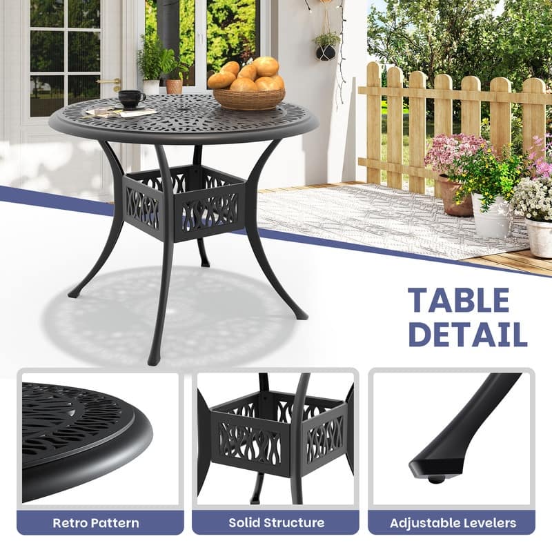 35.43 inch Black Round Cast Aluminum Patio Table with Umbrella Hole & Retro Design