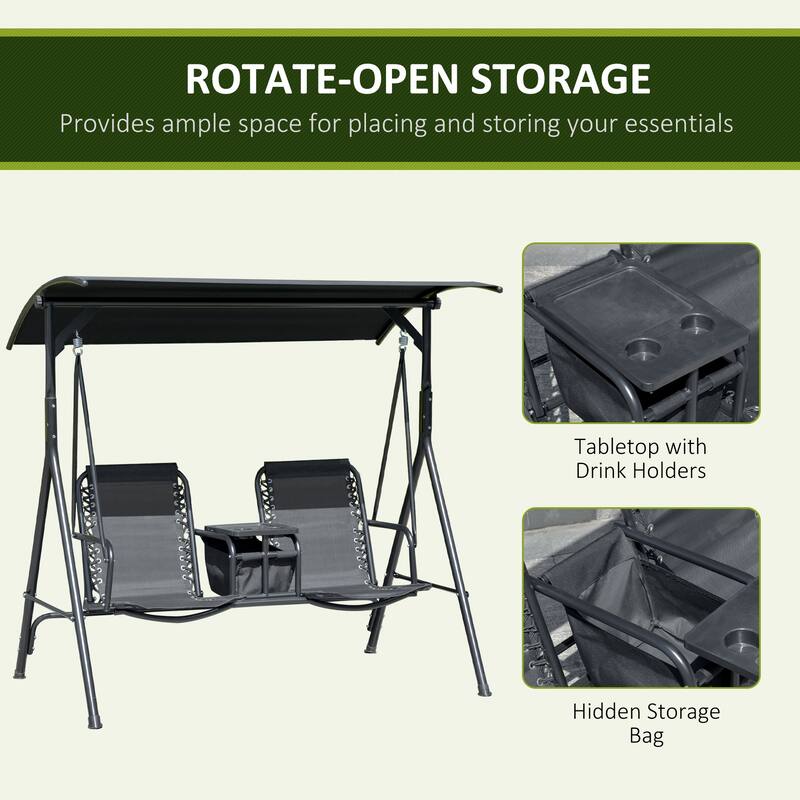 Steel 2-Seat Patio Swing with Storage Table and Cup Holders - Outdoor Canopy Glider (528lb Capacity)