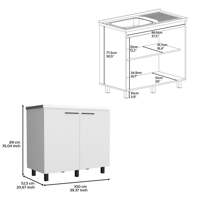 2-Door Freestanding Utility Base Cabinet with Stainless Steel Countertop, Black Finish, Large Shelf for Storage
