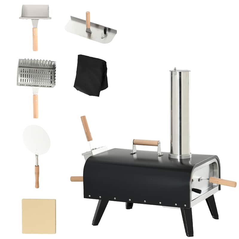 Outsunny Outdoor Pizza Oven with 12" Stone, Peel and Cover, Portable Pellet Wood Fired Pizza Maker with Foldable Legs, Stainless