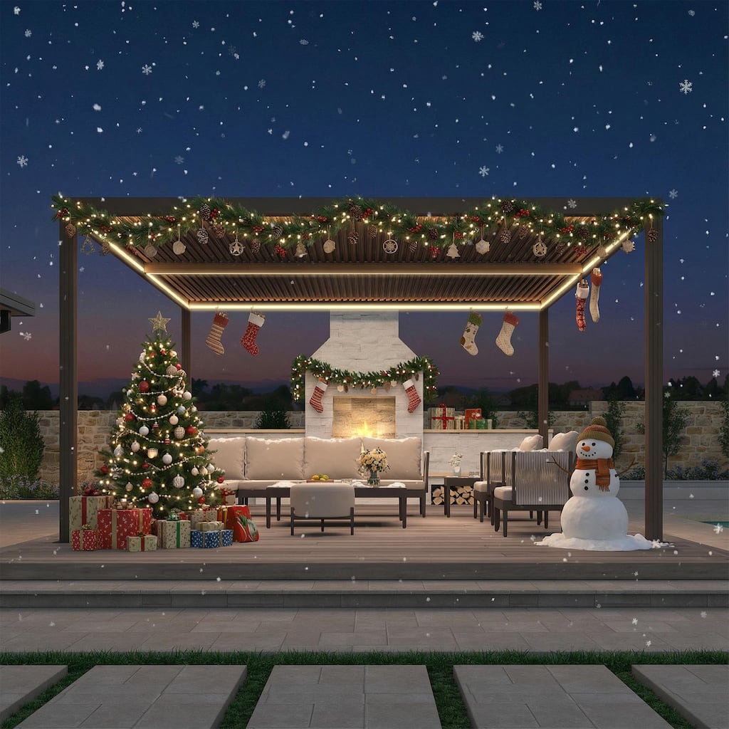 PURPLE LEAF Bronze Louvered Pergola with Adjustable Roof for Deck Backyard Garden Hardtop Gazebo