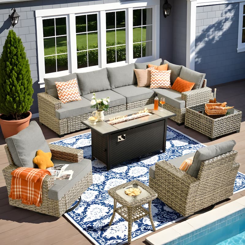 OVIOS 10 Pieces T shaped Seat Wide Armrest Swivel Chair Set With Solar-Powered Table&Fire Pit - DarkGrey
