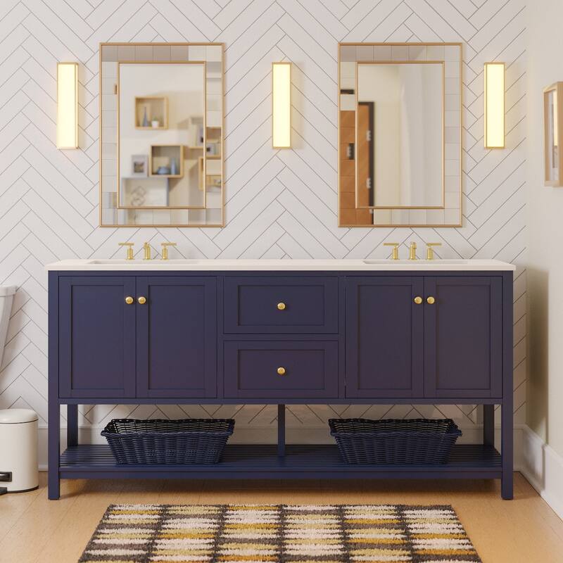 KitchenBathCollection Lakeshore 72" Double Bathroom Vanity with Engineered White Top - Royal Blue