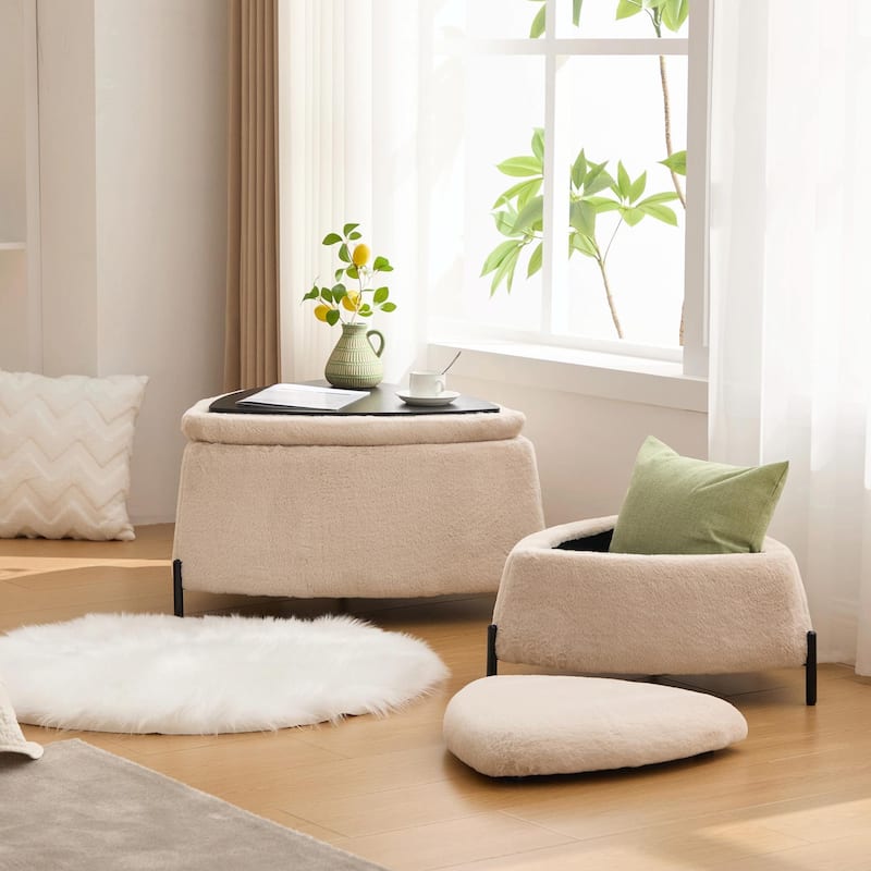 ​Reversible Lid Ottoman Set - Faux Fur Upholstery - 2-Piece