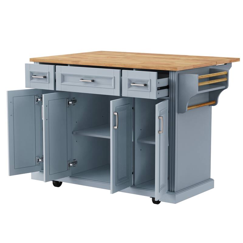 54"Large Kitchen Island with Rubber Wood Drop Leaf,Embossed Texture Rolling Kitchen Cart on 4 Wheels with 4 Doors and 3 Drawers