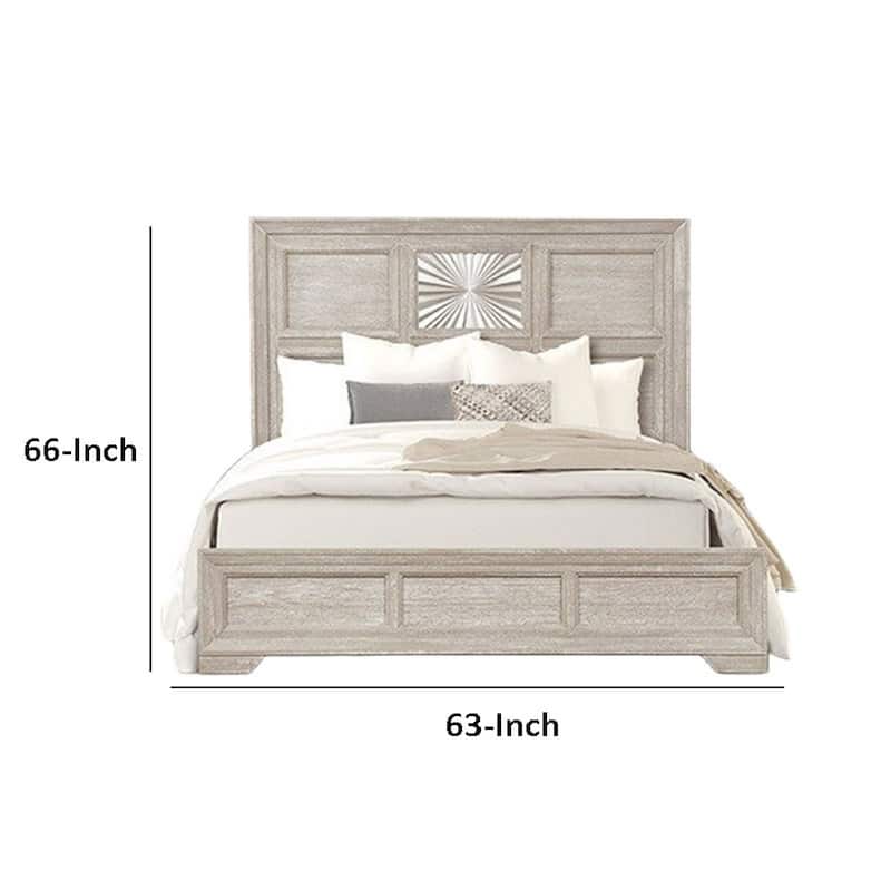 Diaz Queen Bed, Sunburst Pattern, Recessed Panel, Light Gray Wood