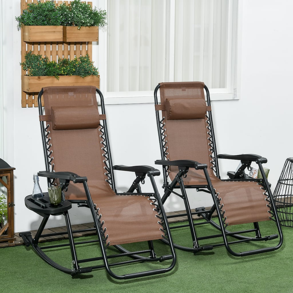 2 Pcs Outdoor Breathable Reclining Rocking Chair, Folding Chaise Lounge Chair with Detachable Tray & Movable Pillow