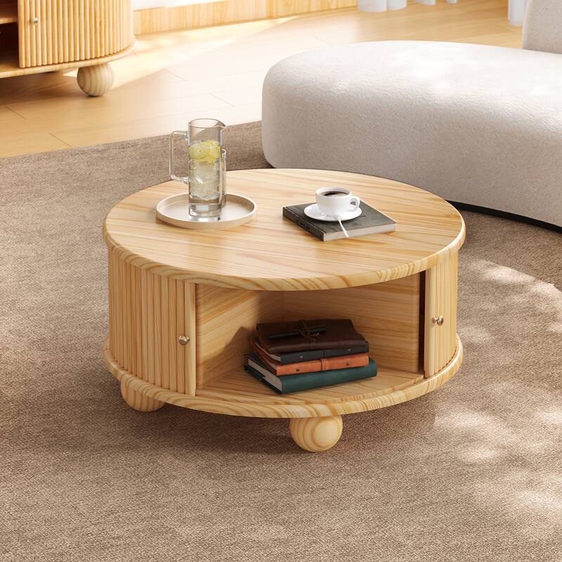 31.8" Round Fluted Coffee Table with Sliding Door & Solid Pine Wood - Natural