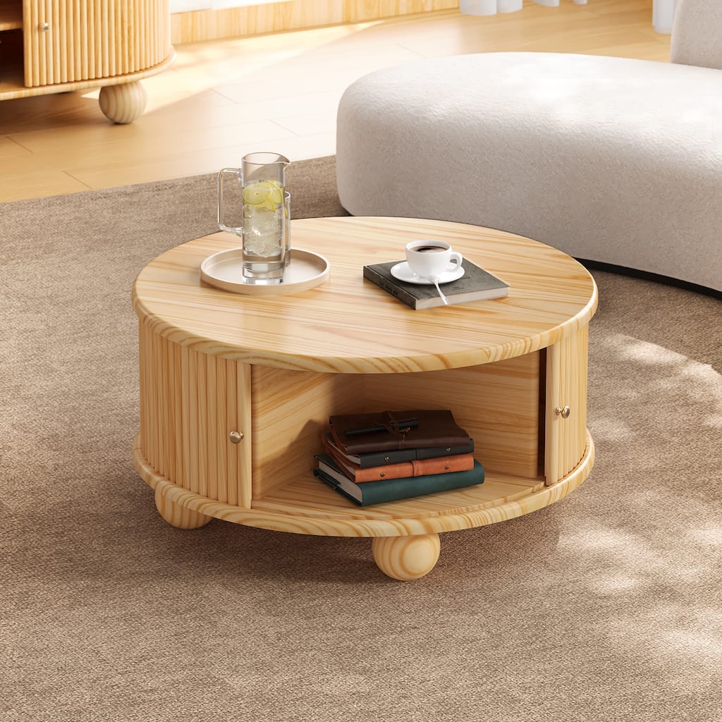 31.8" Round Fluted Pine Coffee Table with Sliding Door Storage - Natural Finish