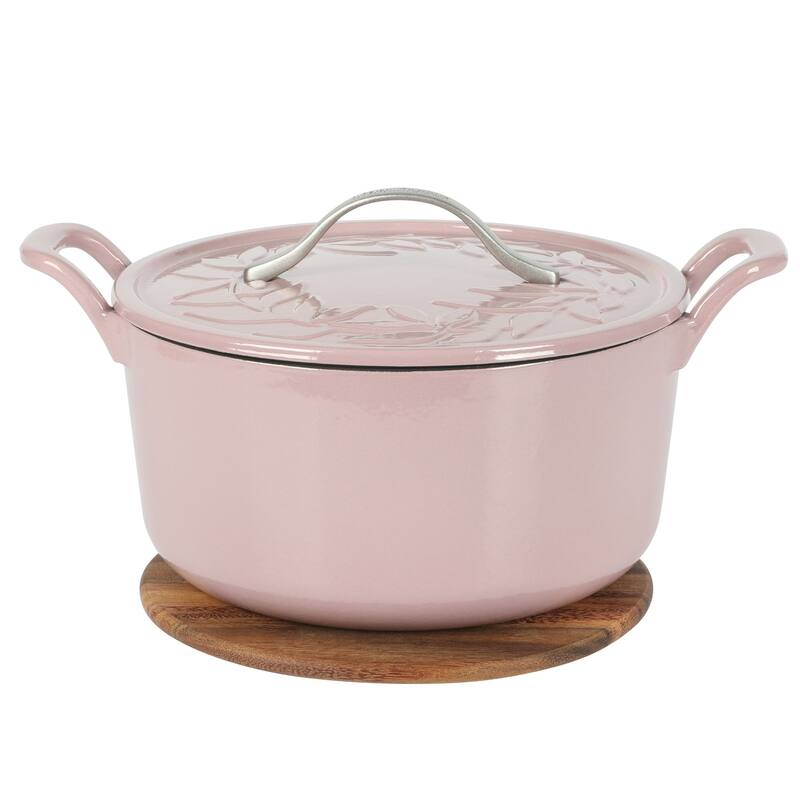 Bloomhouse 7 Qt Cast Iron Dutch Oven W/ Embossed Lid, European Glossy Enamel, & Walnut Wood Trivet - Pink
