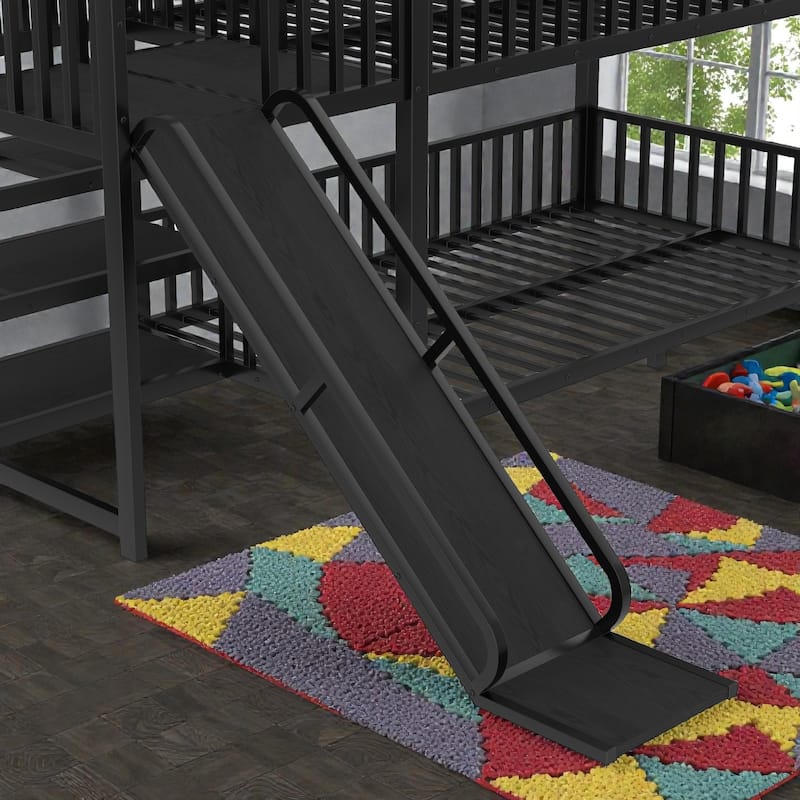 Metal House Bunk Bed with Storage Stairs and Slide, Safety Rails, Twin/Full Kids Bed Frame