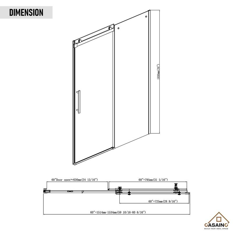 CASAINC 60"*76" Frameless Single Sliding Shower Door