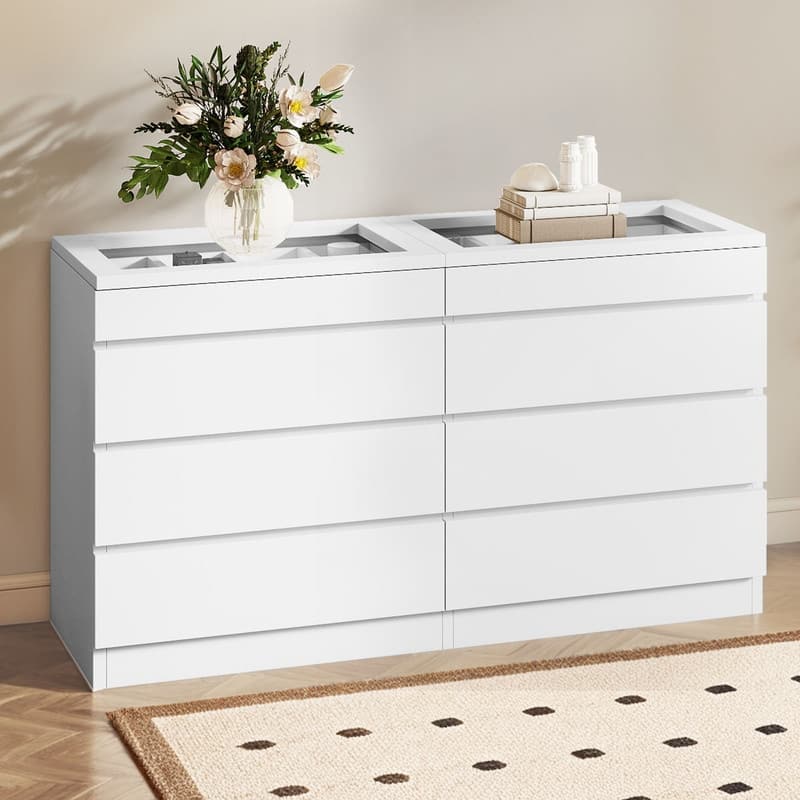 Modern 8-Drawer Dresser Chest Dresser of Drawer Organizers with LED Light High Gloss