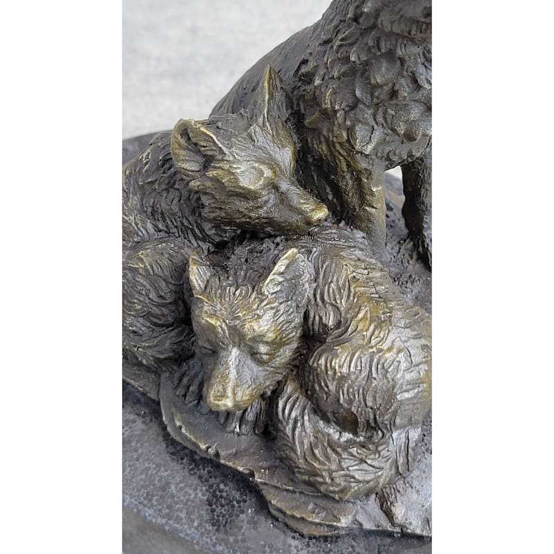 Wolf And Cubs Bronze Miniature Statue Sculpture Marble Base Desktop 4 Inches X 5 Inches
