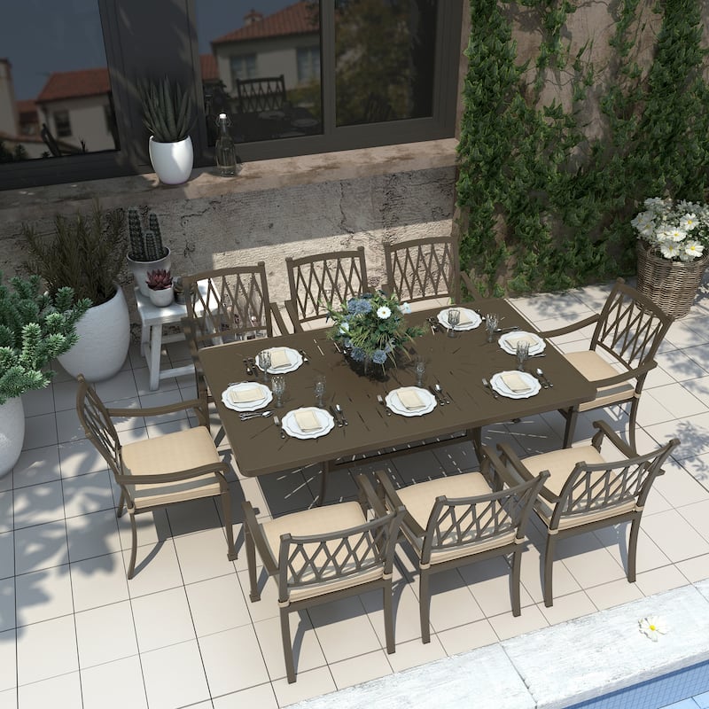 9-Piece Cast Aluminum Patio Dining Set with Cushions - Beige