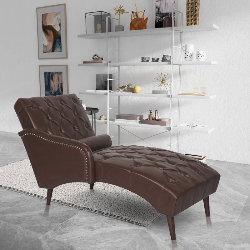 Faux Leather Chaise Lounge Chair with Pillow and Solid Wood Legs, Tufted Upholstered Accent Lounge Chair with Arm - Dark Brown