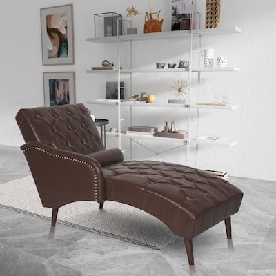 Modern 59.5" PU Upholstered Buttons Tufted Chaise Lounge Chair with Pillow and Solid Wood Legs