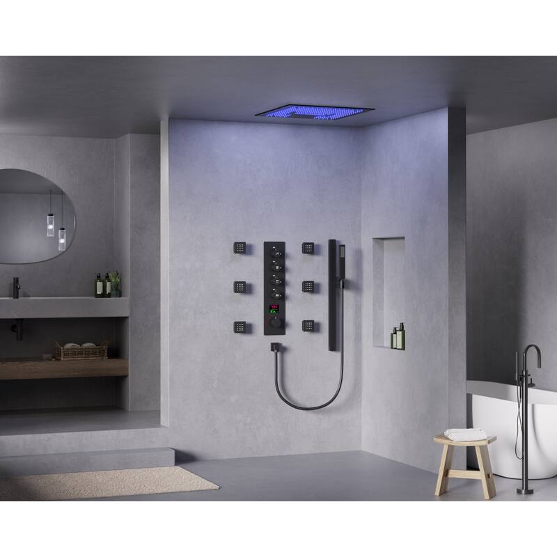 GRANDJOY Luxury LED 16" Ceiling Mount Shower Head Temperature Display Shower System with 6 Body Jets