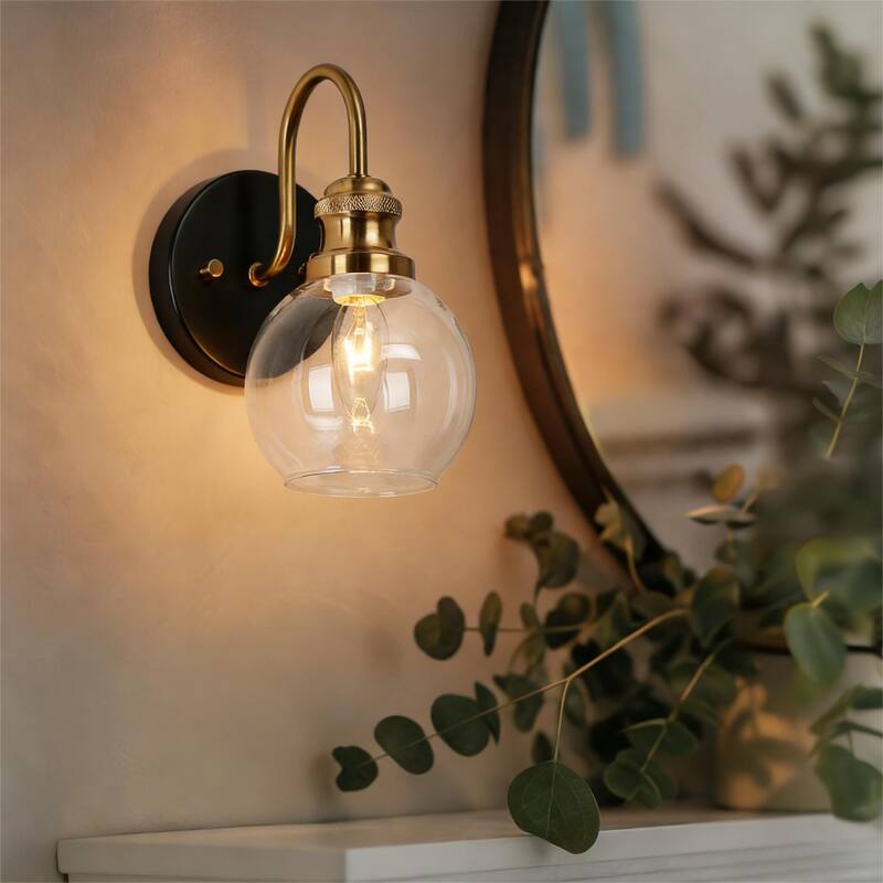 Mid-Century Modern 1-Light Black Gold Glass Wall Sconces Bathroom Vanity Light