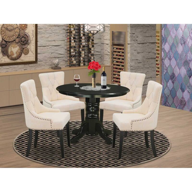 HomeStock 5-Piece Round Black Finish Solid Wood Top Dining Table with 4 Parson Chair with Lattice Back