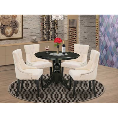 HomeStock 5-Piece Round Black Finish Solid Wood Top Dining Table with 4 Parson Chair with Lattice Back