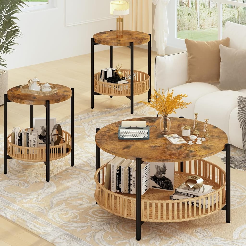 Mieres 3 Pieces Coffee Table Set, Rustic Brown Wooden Living Room Table Set