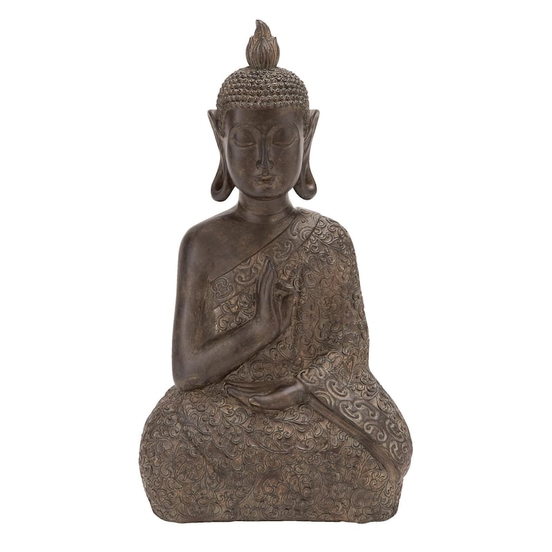 Brown Polystone Meditating Buddha Decorative Sculpture with Engraved Carvings and Relief Detailing - Brown - 9"W, 17"H