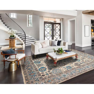 LoomBloom Beige Hand Knotted Wool Rug Arts & Crafts Oushak Style