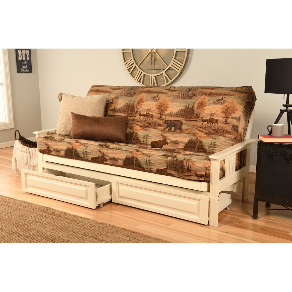 Somette Beli Mont Futon Set with Antique White Hardwood Frame, Rustic Pattern Cotton/Polyester Mattress, and Storage Drawers