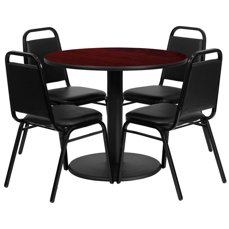 36'' Round Table Set with Round Base and 4 Trapezoidal Back Banquet Chairs - mahogany top/black vinyl seat