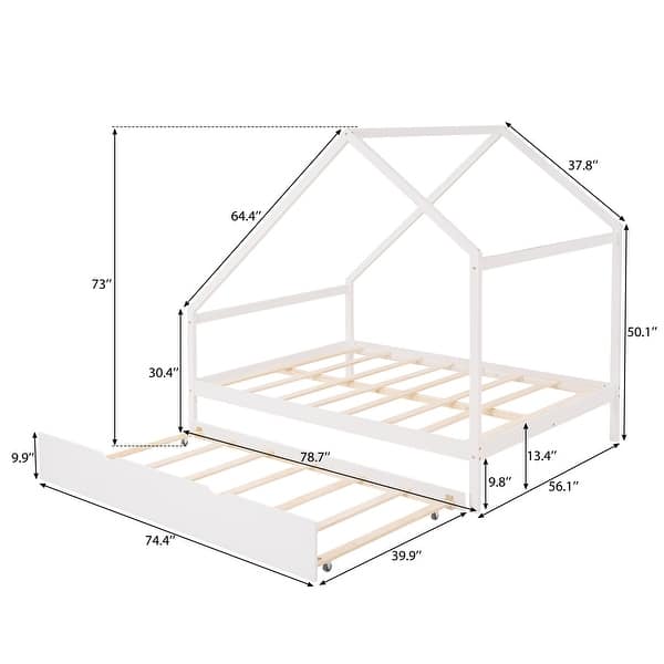 White Full Size Wooden House Bed with Trundle and Roof