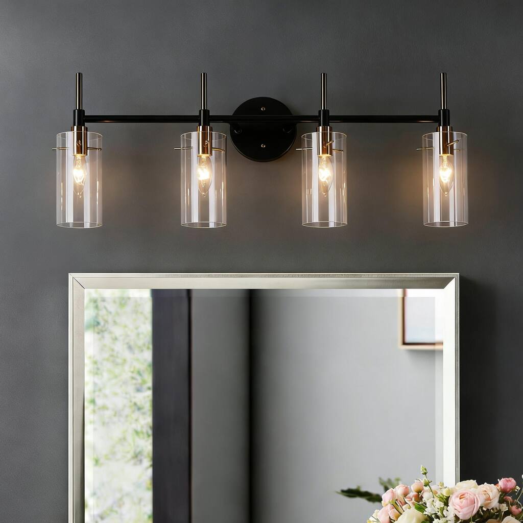 Alva Modern 4-Light Black Gold Bathroom Vanity Lights Cylinder Glass Wall Lamp - 27.5" L x 6" W x 11" H