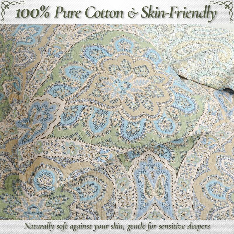 Cozy Line Tweedia Blue Green Floral Paisley Damask 3 Piece Cotton Quilt Bedding Set