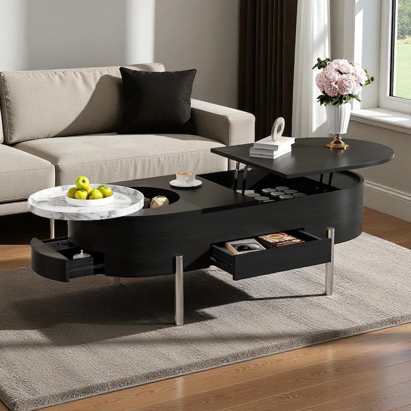 47.2'' Lift-Top Coffee Table with 360掳 Rotating Tray, Hidden Storage & Drawers, Modern Marble-Patterned Oval Center Table