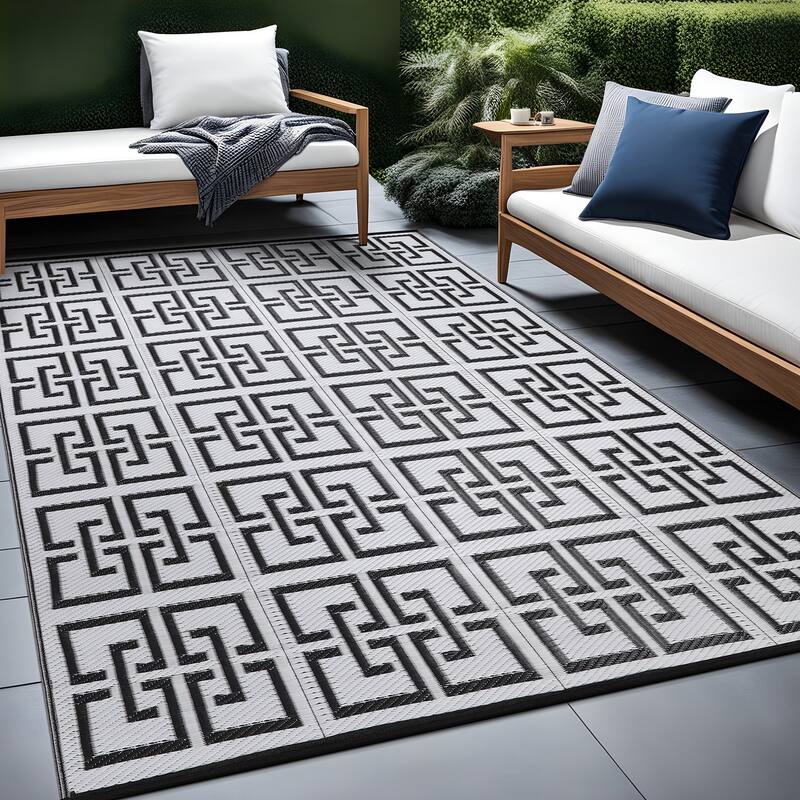 Beverly Rug Geometric Greek Key Outdoor Rug Waterproof for Patio, RV Camping