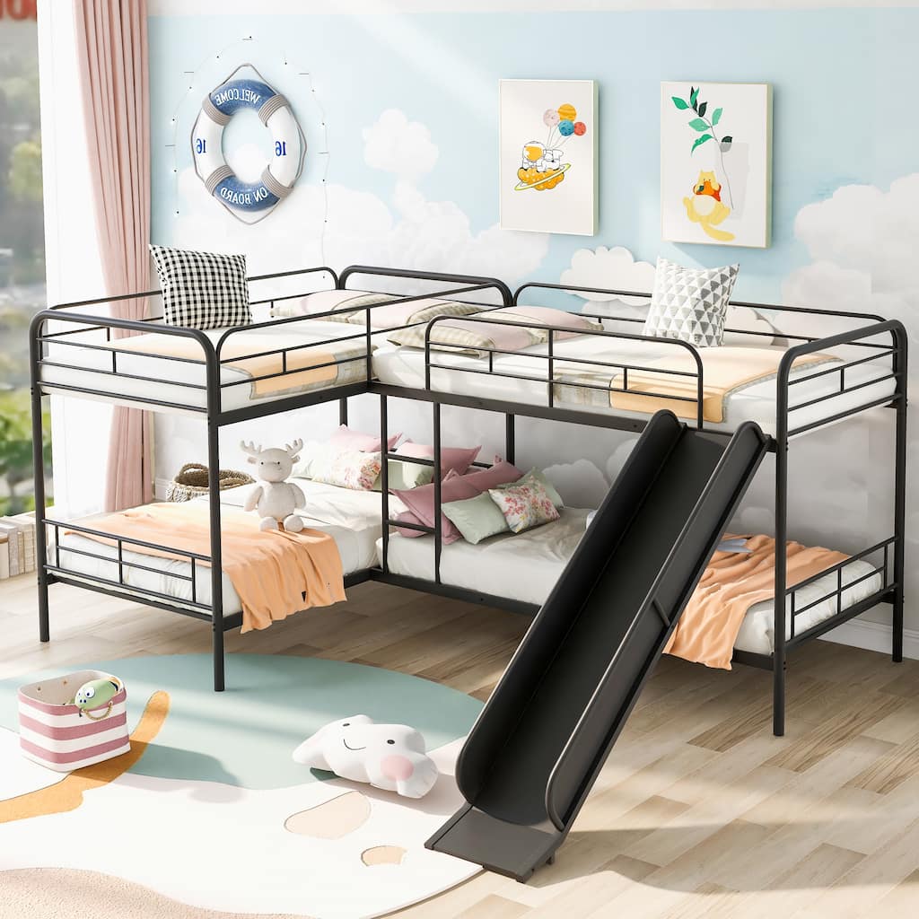 Roomfitters L-Shaped Twin Bunk Bed with Slide, Angled Ladder and Space-Saving Metal Frame, Black