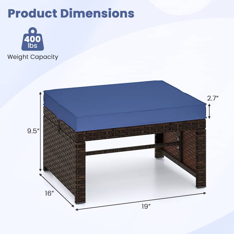 Set of 2 Outdoor Rattan Footstools Ottomans with Cushions for Patio Decor or Garden Seating - 16" L x 19" W x 9.5" H
