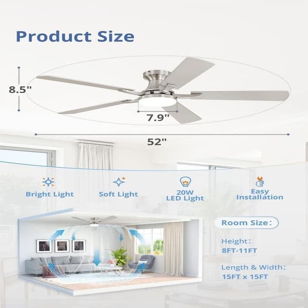 ZMISHIBO 52" Ceiling Fan With Light – Flush Mount, App & Remote Control, Dimmable LED, Quiet Reversible Motor (Black)