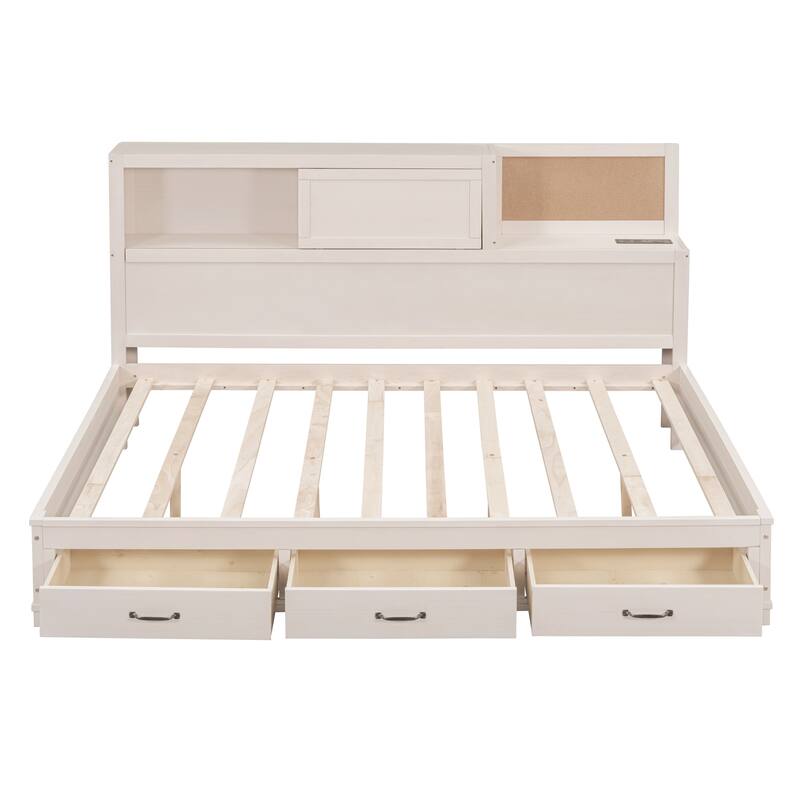 Full Size Platform Bed Wood Daybed with Storage Shelves, Drawers, Upper Soft Board, Charging Station and Slats Support
