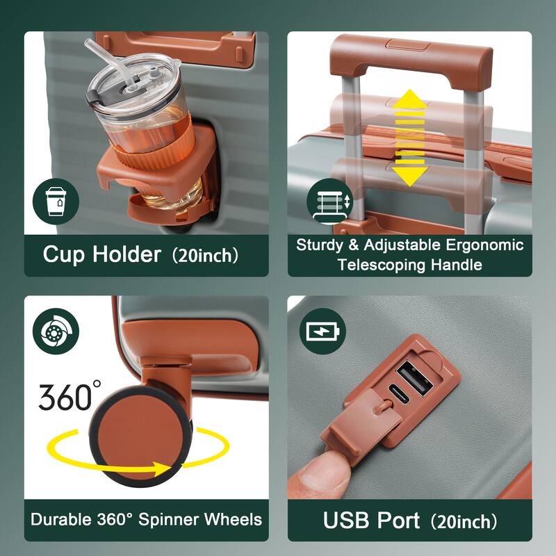 Luggage Sets 5 Piece with Front Opening, Hardside Expandable Carry on Suitcase with Spinner Wheels TSA Lock USB Port Cup Holder