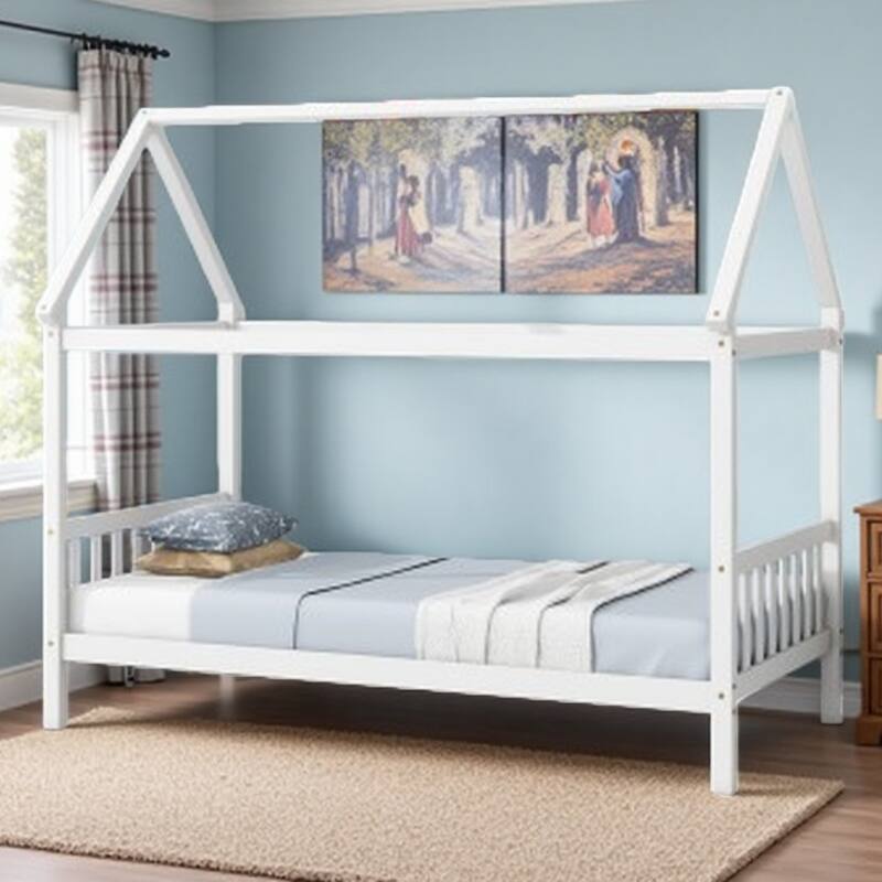 Twin Size Solid Wood House Frame Platform Bed, with Headboard and Footboard, with Underbed Storage Space, Minimalist Kids Bed - White